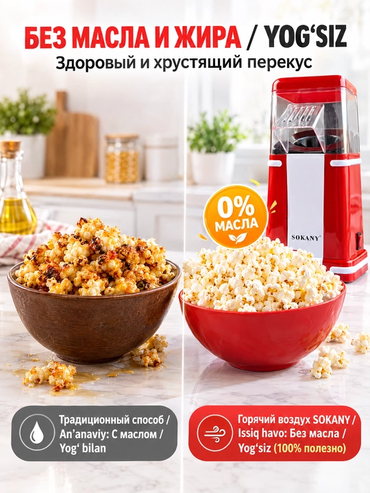 Попкорн машина SOKANY SK-291, 1200 Вт, без масла, прозрачная крышка и мерный стакан