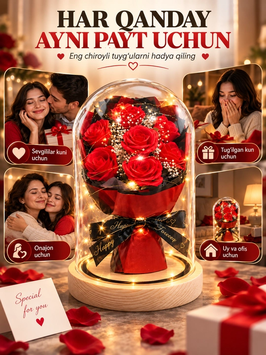 LED yoritgichli shisha gumbaz ostidagi sun’iy atirgullar - romantik sovg‘a