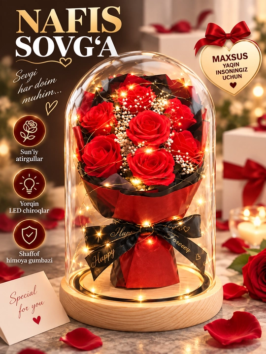 LED yoritgichli shisha gumbaz ostidagi sun’iy atirgullar - romantik sovg‘a - 