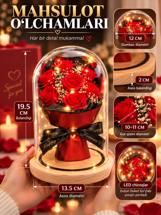 LED yoritgichli shisha gumbaz ostidagi sun’iy atirgullar - romantik sovg‘a