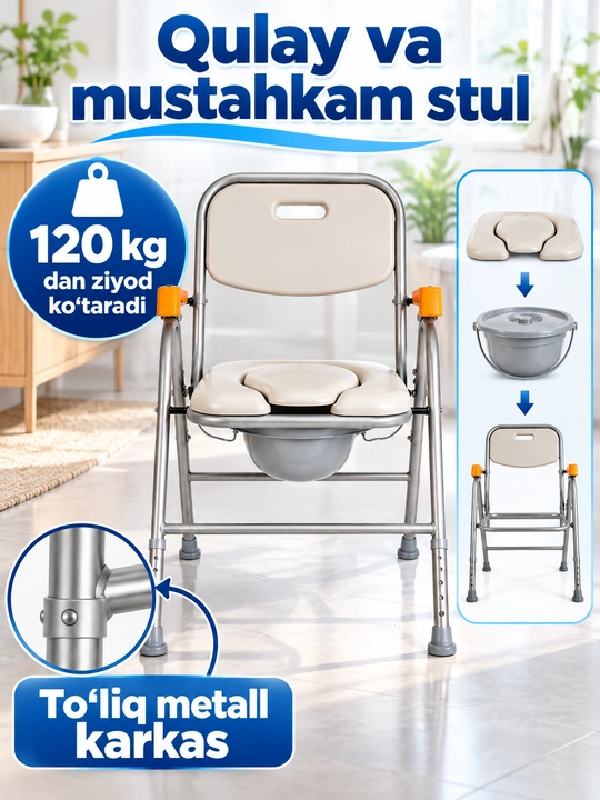 Katta yoshdagilar uchun portativ hojatxona stuli yig'iladigan sanitariya o'rindig'i