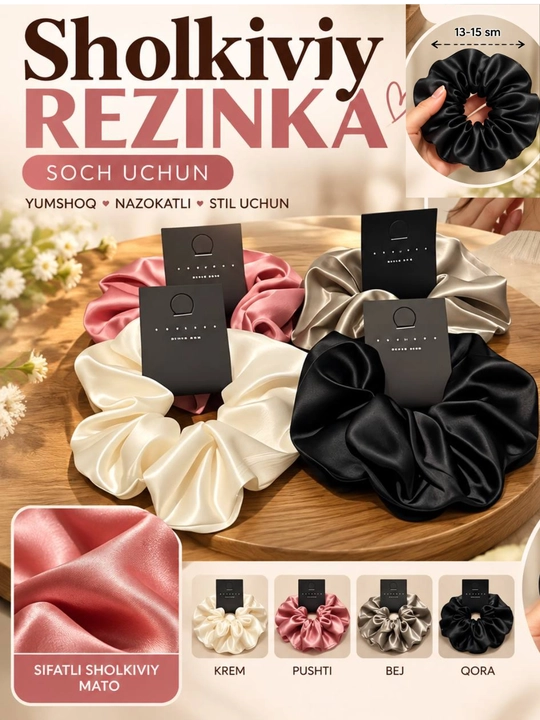Sholkiy rezinka, atlas rezinka, soch rezinkasi, ayollar soch aksessuari,4 tasi 1 da, modal - 