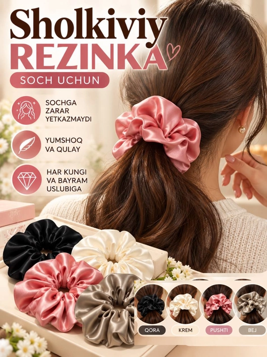 Sholkiy rezinka, atlas rezinka, soch rezinkasi, ayollar soch aksessuari,4 tasi 1 da, modal
