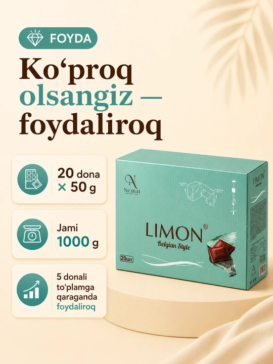 Shirin plitka LIMON Signature Belgian Style 50 g, 1, 5 va 20 donalik to'plam, Ne'mat