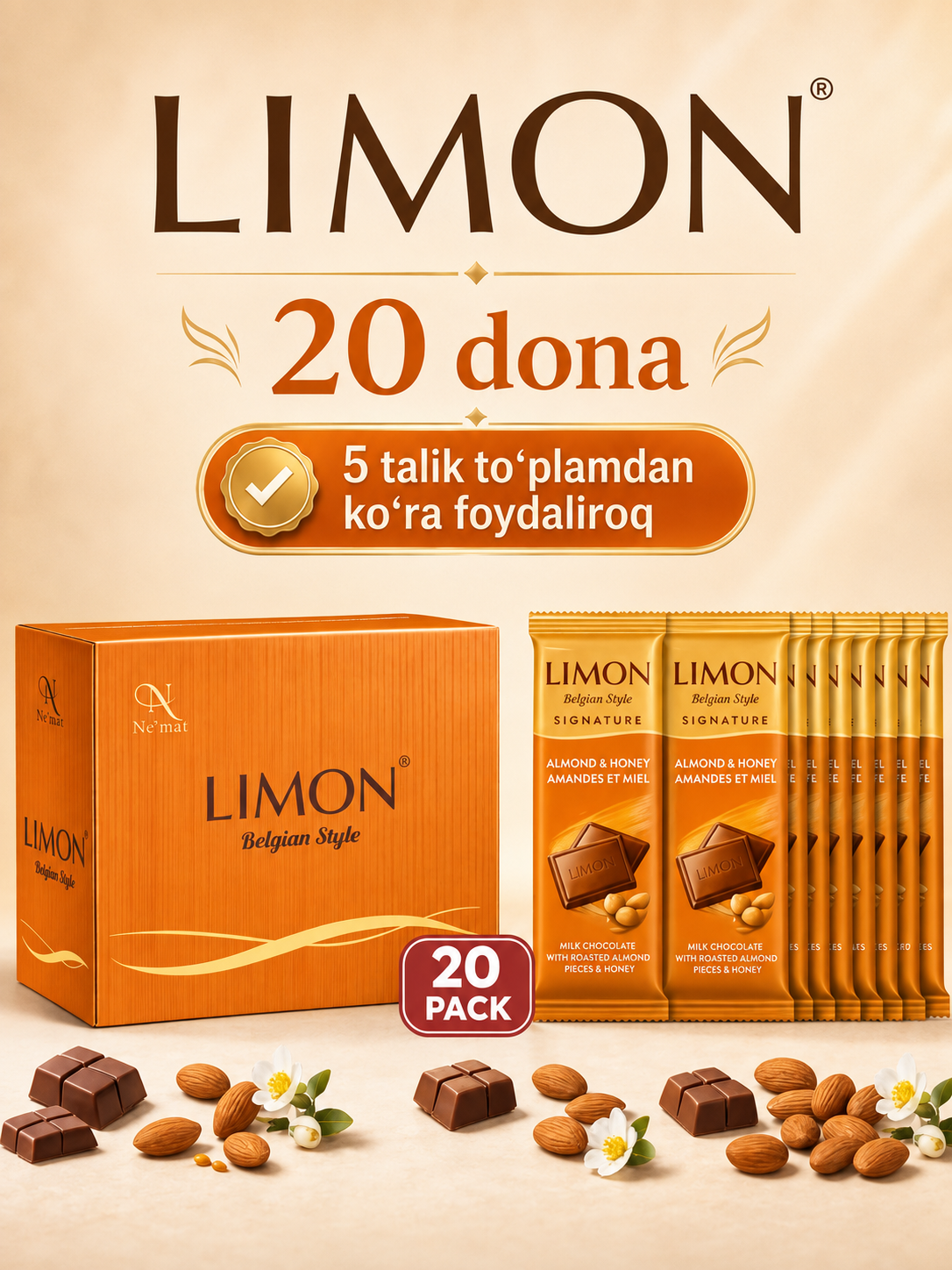 Shirin plitka LIMON Signature Belgian Style 50 g, 1, 5 va 20 donalik to'plam, Ne'mat