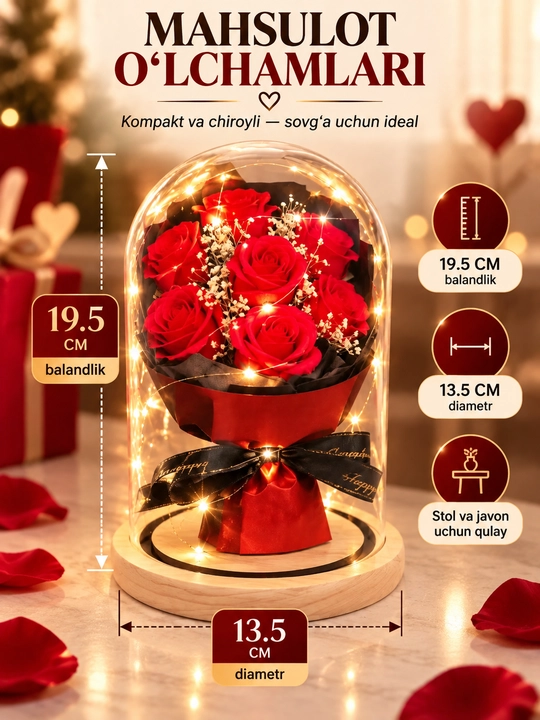 LED yoritgichli shisha gumbaz ostidagi sun’iy atirgullar - romantik sovg‘a