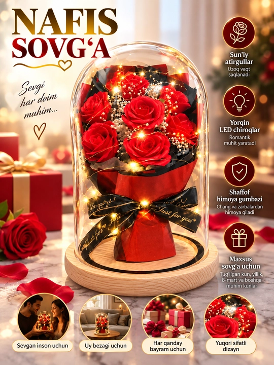 LED yoritgichli shisha gumbaz ostidagi sun’iy atirgullar - romantik sovg‘a