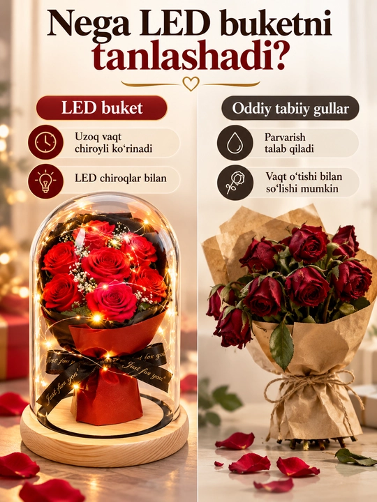 LED yoritgichli shisha gumbaz ostidagi sun’iy atirgullar - romantik sovg‘a