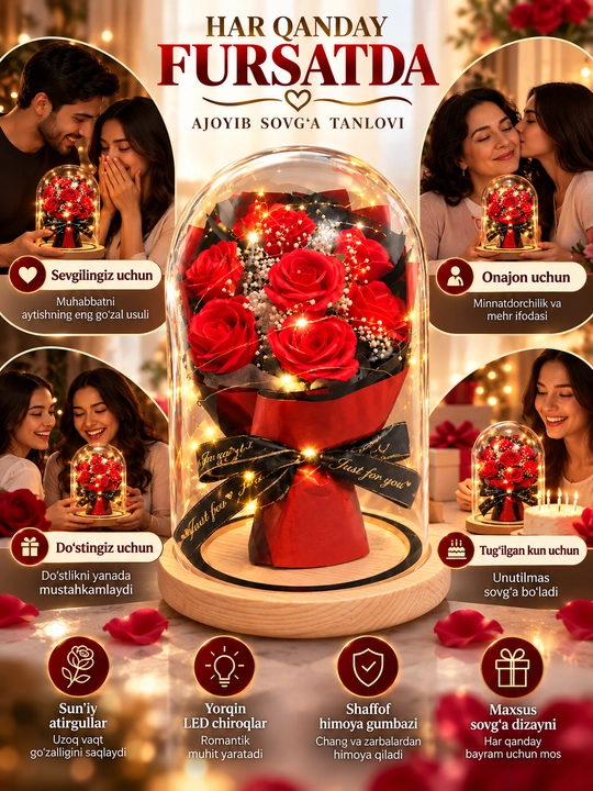 LED yoritgichli shisha gumbaz ostidagi sun’iy atirgullar - romantik sovg‘a - 