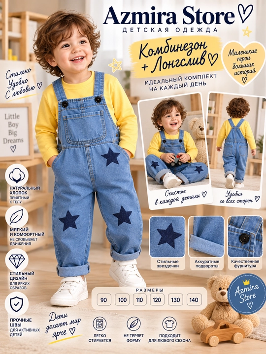 Детский джинсовый комбинезон со звёздами Azmira Store