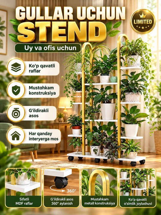 Gullar uchun stend, ko‘p qavatli gul tokchasi, uy va ofis uchun javon