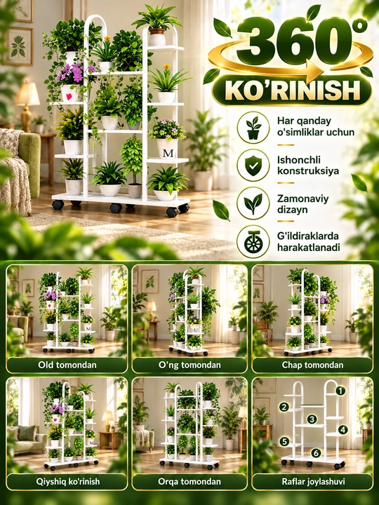 Gullar uchun stend, ko‘p qavatli gul tokchasi, uy va ofis uchun javon