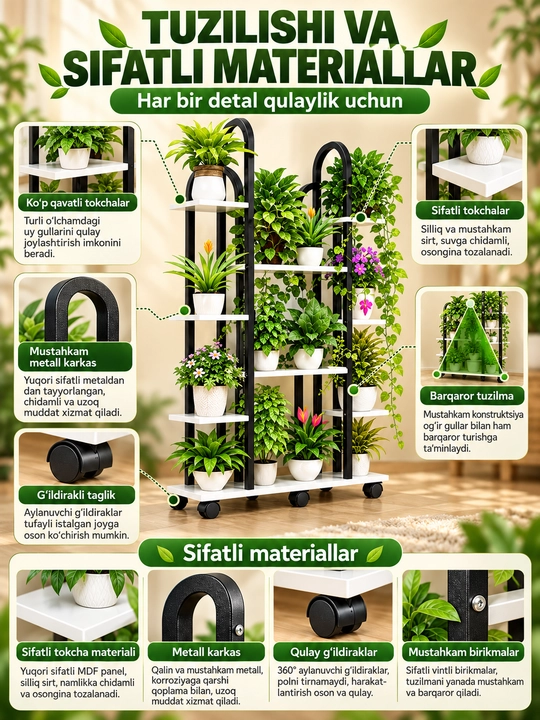 Gullar uchun stend, ko‘p qavatli gul tokchasi, uy va ofis uchun javon