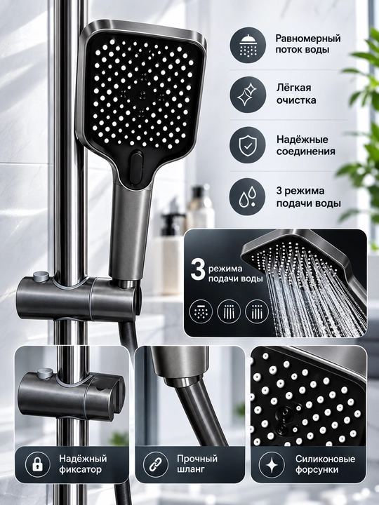Ручной душ, 3 режима подачи воды, кнопочное управление, гибкий шланг