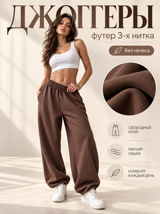 Штаны спортивные, плотные, багги, оверсайз, 3х нитка - 