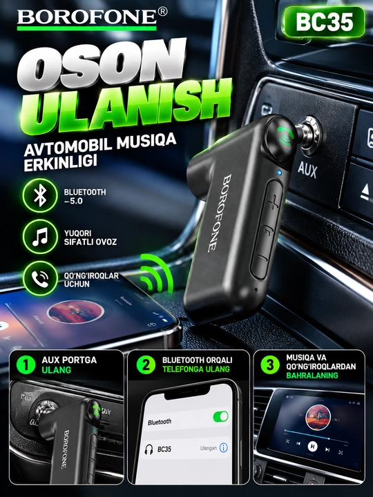 Bluetooth adapter BOROFONE BC35, AUX 3.5 mm, Bluetooth 5.0, avtomobil uchun