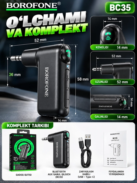 Bluetooth adapter BOROFONE BC35, AUX 3.5 mm, Bluetooth 5.0, avtomobil uchun
