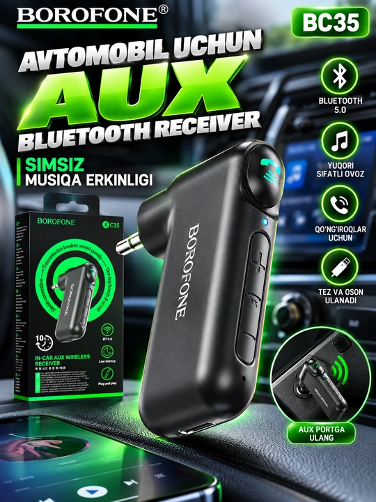 Bluetooth adapter BOROFONE BC35, AUX 3.5 mm, Bluetooth 5.0, avtomobil uchun - 