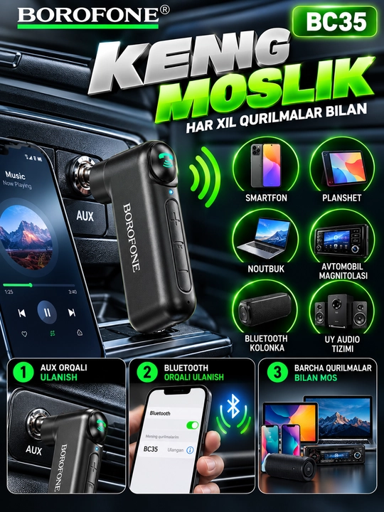 Bluetooth adapter BOROFONE BC35, AUX 3.5 mm, Bluetooth 5.0, avtomobil uchun