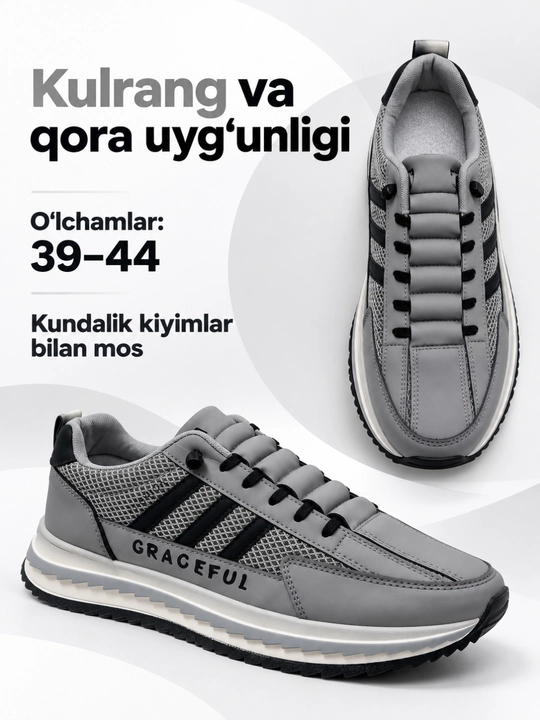GRACEFUL erkaklar krossovkasi, kundalik bog‘ichli oyoq kiyim, 39–44 o‘lcham