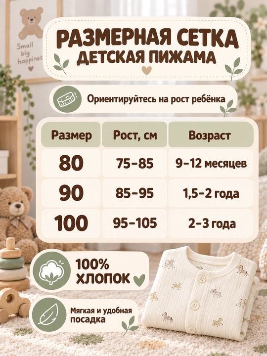 Детская пижама из хлопка, кофта и брюки, длинный рукав, размеры 80–100