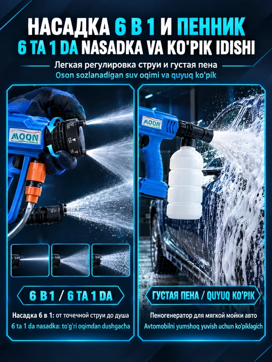Simsiz yuqori bosimli yuvish mashinasi MOON MA-WG48, 48V, 2 ta batareya, quti
