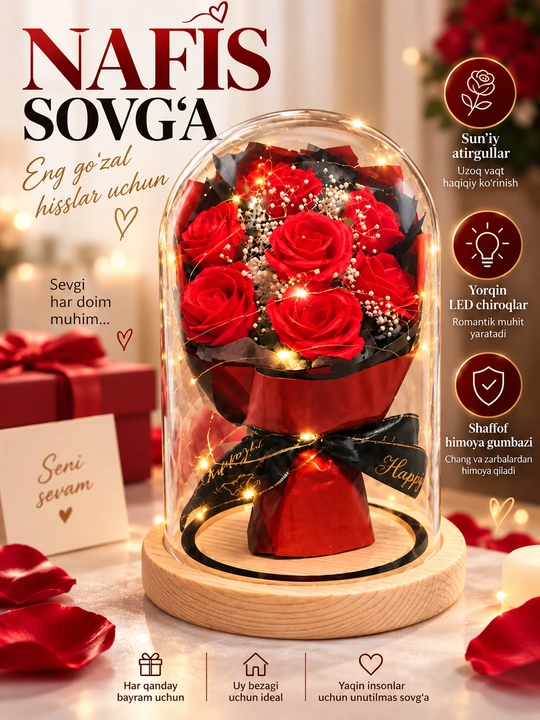 LED yoritgichli shisha gumbaz ostidagi sun’iy atirgullar - romantik sovg‘a - 