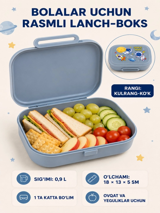 Rasmli va ruchkali bolalar tushlik qutisi, 0,9 l