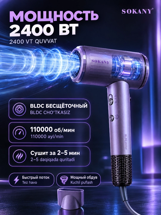 Фен для волос SOKANY SK-14040,2400 Вт,BLDC 110000 об/мин,ионизация,светло-фиолетовый