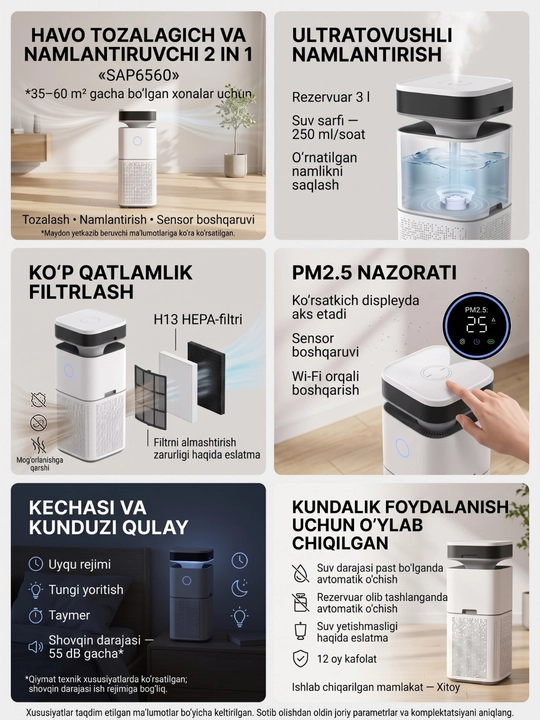 Havo tozalagich va namlagich, 2 tasi 1 da (40m² - 60m²) Havo tozalagich (30m² - 135m²)