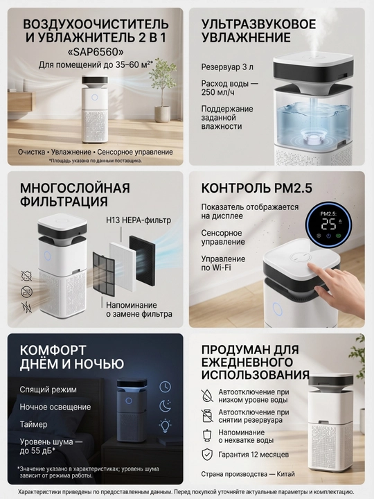 Havo tozalagich va namlagich, 2 tasi 1 da (40m² - 60m²) Havo tozalagich (30m² - 135m²)