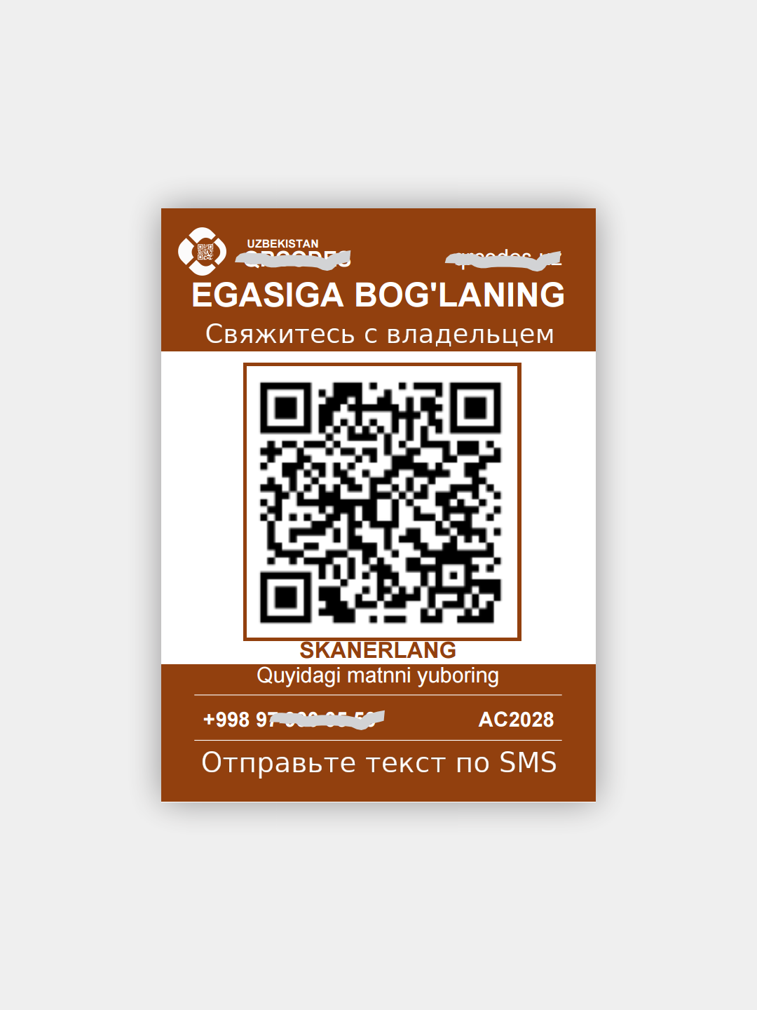 Avto vizitka QR stiker oynaga, telefon raqamisiz aloqa uchun, suv va quyoshga chidamli
