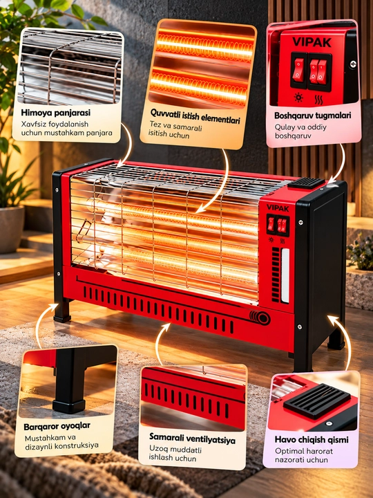 Elektr isitgich, VIPAK VK-200, infraqizil isitgich, uy isitish, 1600W