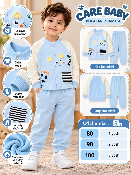 O‘g‘il bolalar uchun pijama, x/b mato, yo‘lbarscha applikatsiyasi bilan, 1-3 yosh - 