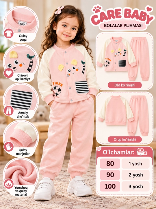 O‘g‘il bolalar uchun pijama, x/b mato, yo‘lbarscha applikatsiyasi bilan, 1-3 yosh - 
