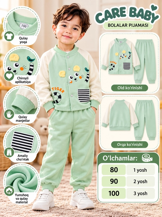 O‘g‘il bolalar uchun pijama, x/b mato, yo‘lbarscha applikatsiyasi bilan, 1-3 yosh - 
