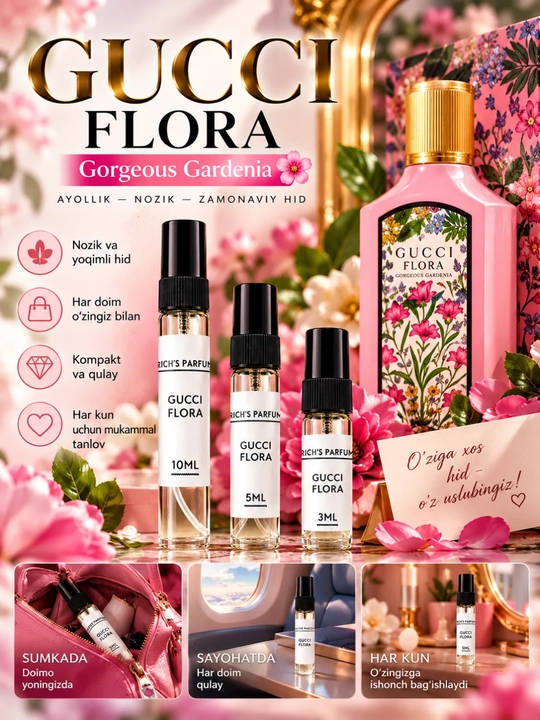 Ayollar uchun atrlar Gucci Flora Gorgeus Gardenia 100 ml, 10ml, 5ml, 3ml, atirlar - 
