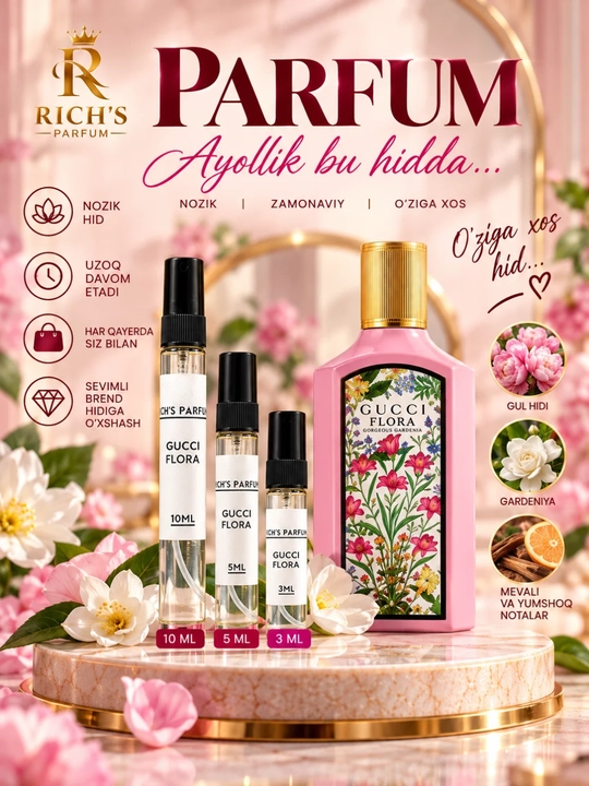 Ayollar uchun atrlar Gucci Flora Gorgeus Gardenia 100 ml, 10ml, 5ml, 3ml, atirlar