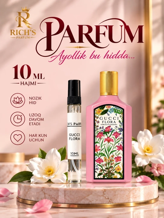 Ayollar uchun atrlar Gucci Flora Gorgeus Gardenia 100 ml, 10ml, 5ml, 3ml, atirlar