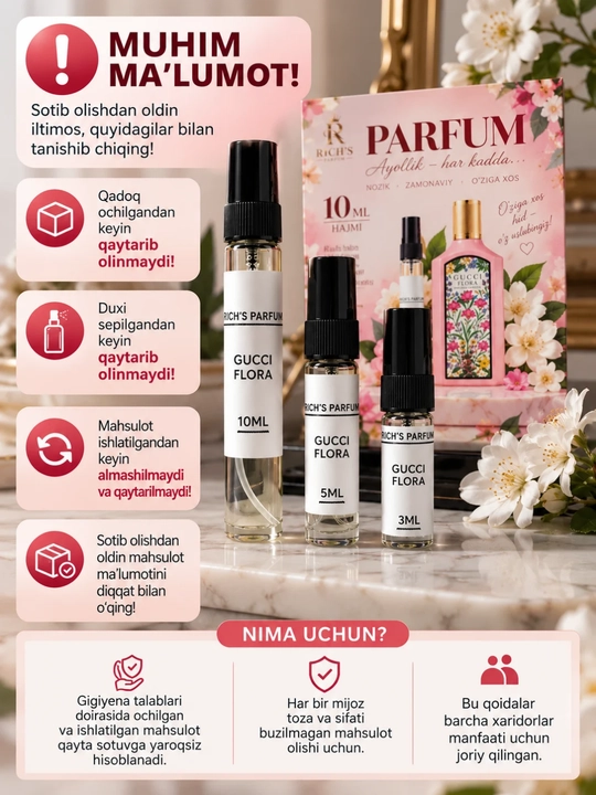 Ayollar uchun atrlar Gucci Flora Gorgeus Gardenia 100 ml, 10ml, 5ml, 3ml, atirlar