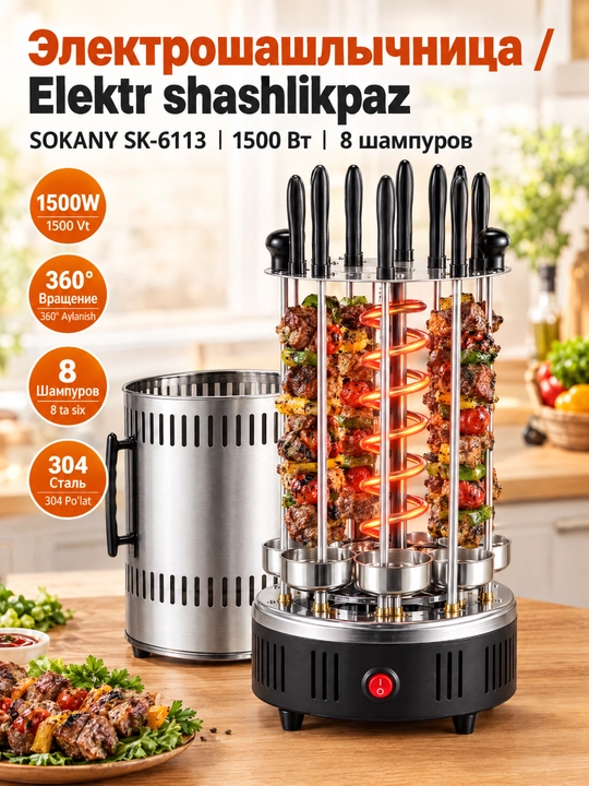 SOKANY SK-6113 1500 Vt quvvatli, 8 ta sixli uy avtomatik elektr kabob pishirgichi - 
