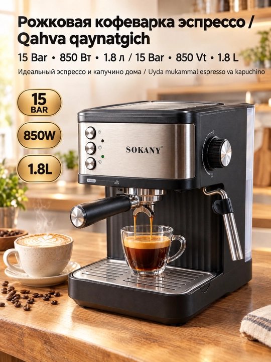 Полуавтоматическая кофемашина SOKANY SK-04029, 15 бар, 850 Вт, 1.8 л, для эспрессо - 