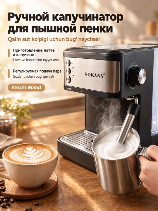 SOKANY SK-04029 yarim avtomatik qahva mashinasi, 15 bar, 850 Vt, 1,8 l, espresso uchun