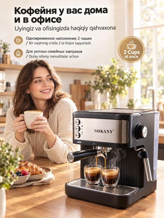 SOKANY SK-04029 yarim avtomatik qahva mashinasi, 15 bar, 850 Vt, 1,8 l, espresso uchun