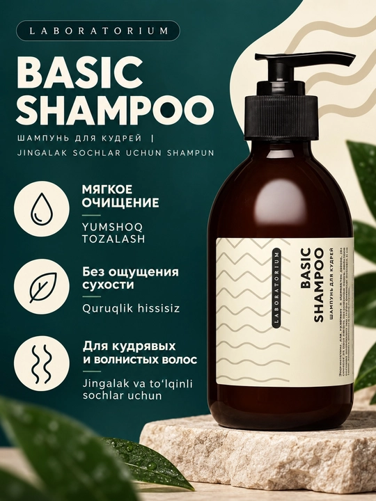 Laboratorium Basic Shampoo, jingalak va to‘lqinli sochlar uchun shampun, 250 va 500 ml