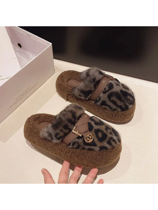 Ayollar uchun issiq mo‘ynali uy shippagi, leopard naqshli