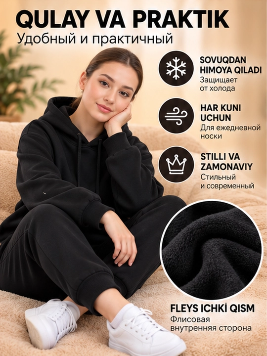 Ayollar uchun sport kostyumi, issiq, qalpoqchali xudi va shim