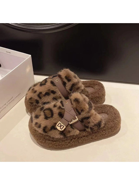 Ayollar uchun issiq mo‘ynali uy shippagi, leopard naqshli