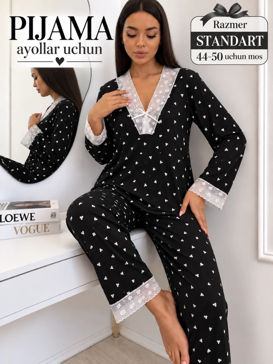 Pijama ayollar uchun, uy kiyimi, 2 tasi 1 da, yengi uzun, standart +sovg'a