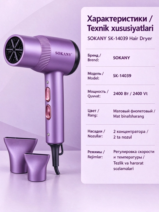 Фен для волос Sokany SK-14039, 2600 Вт, с двумя насадками-концентраторами